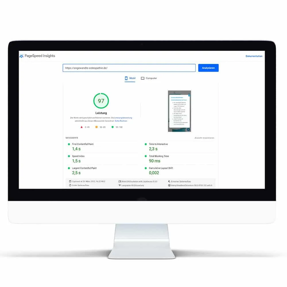 Google PageSpeed Insights der Osteopathie-Website, Performance-Optimierung von NEXAS Media.